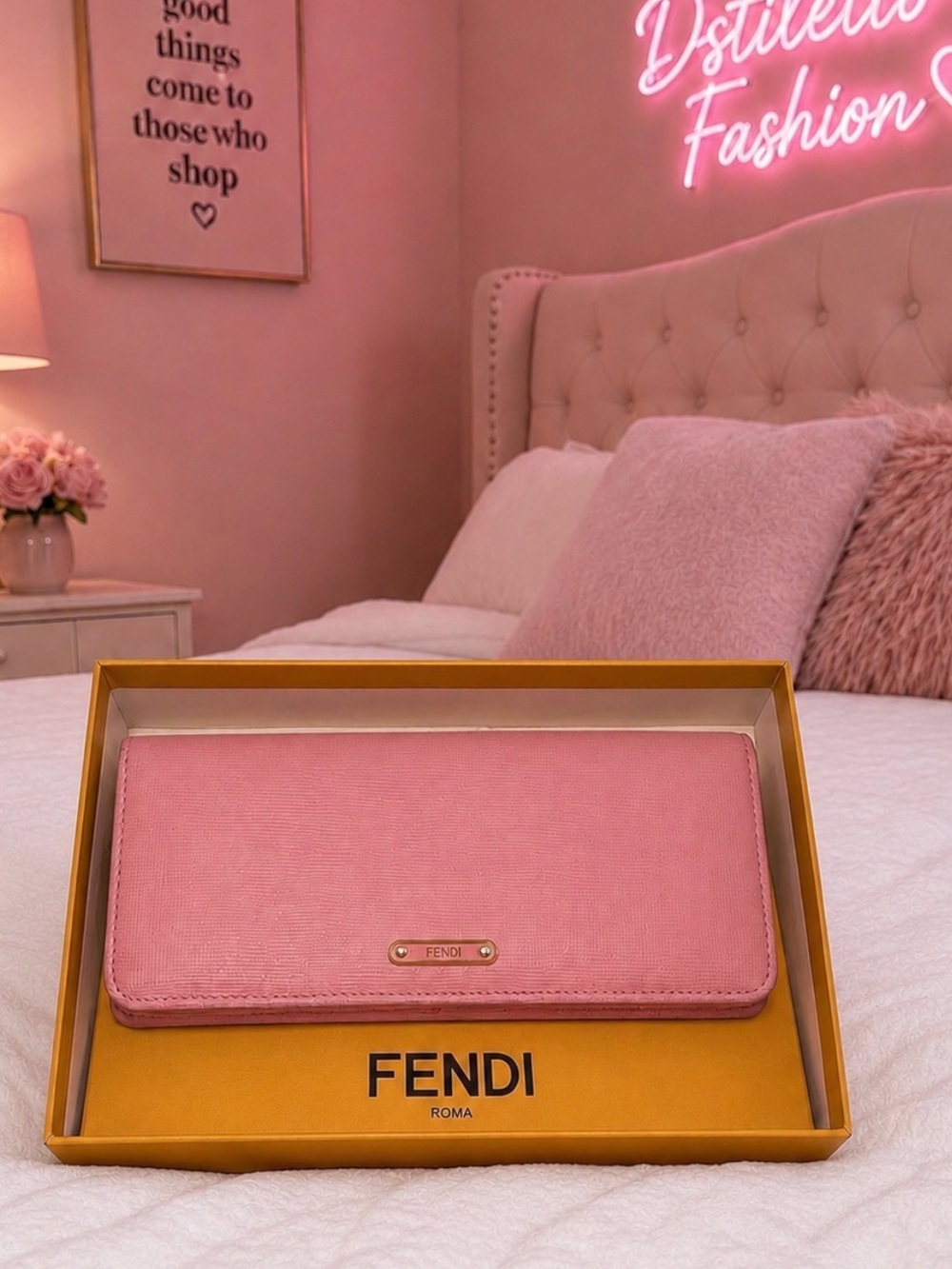 FENDI Pink Saffiano Leather Continental Wallet